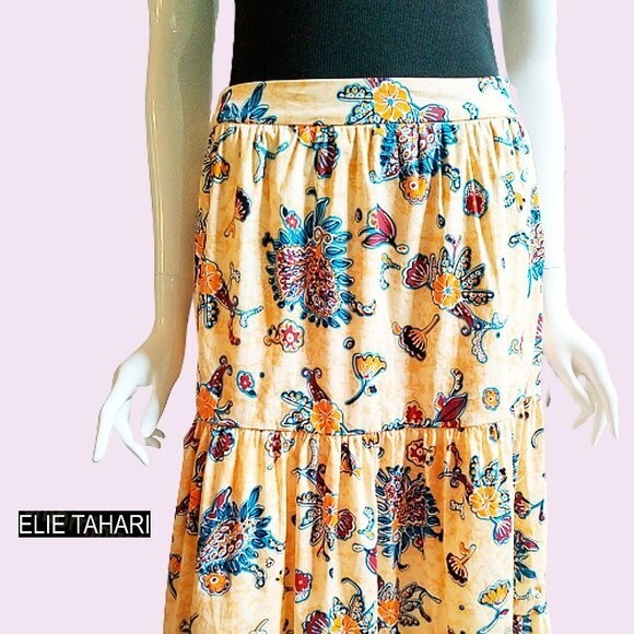 ELIE TAHARI NEW Bohemian SUNLIT GARDEN Floral Tiered Full Midi Skirt L - Picture 2 of 11